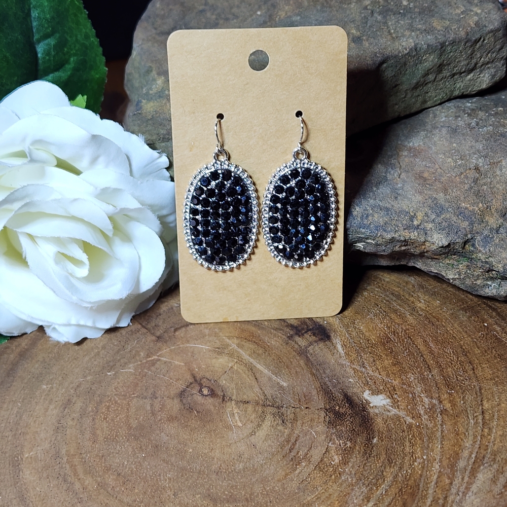 Dangle Oval Earrings Blingy Black Glass With Silver Toned Accents